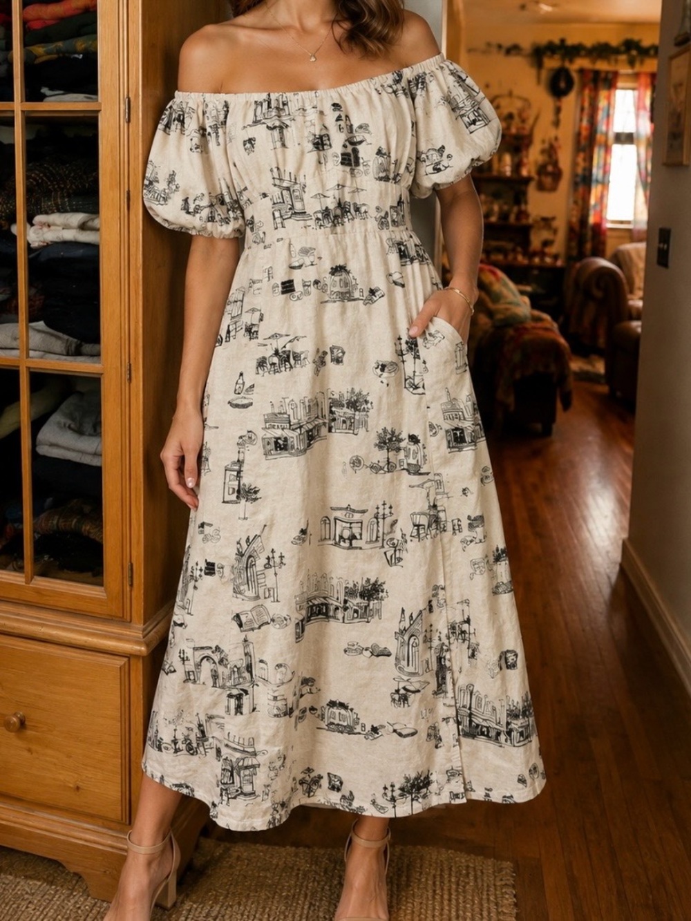 Cream Off-Shoulder Midi Dress with Black Architectural Print